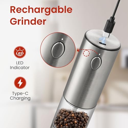 Newise Cruth Salt and Pepper Grinder - Rechargeable with LED Stainless Steel