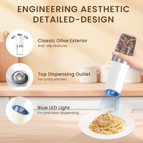 Kiaryuoll Automatic Electric Salt and Pepper Grinder Set 6 AAA Batteries Included White