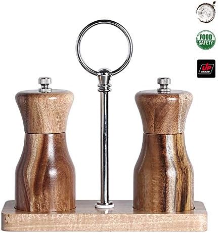 Acacia Wood Salt Pepper Mill Set with Ceramic Rotor Wooden Stand