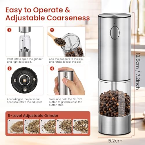 Newise Cruth Salt and Pepper Grinder - Rechargeable with LED Stainless Steel