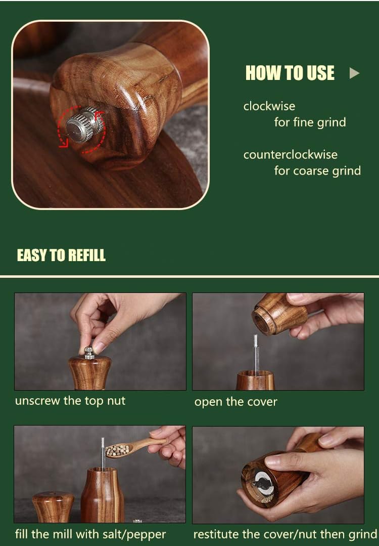 Acacia Wood Salt Pepper Mill Set with Ceramic Rotor Wooden Stand