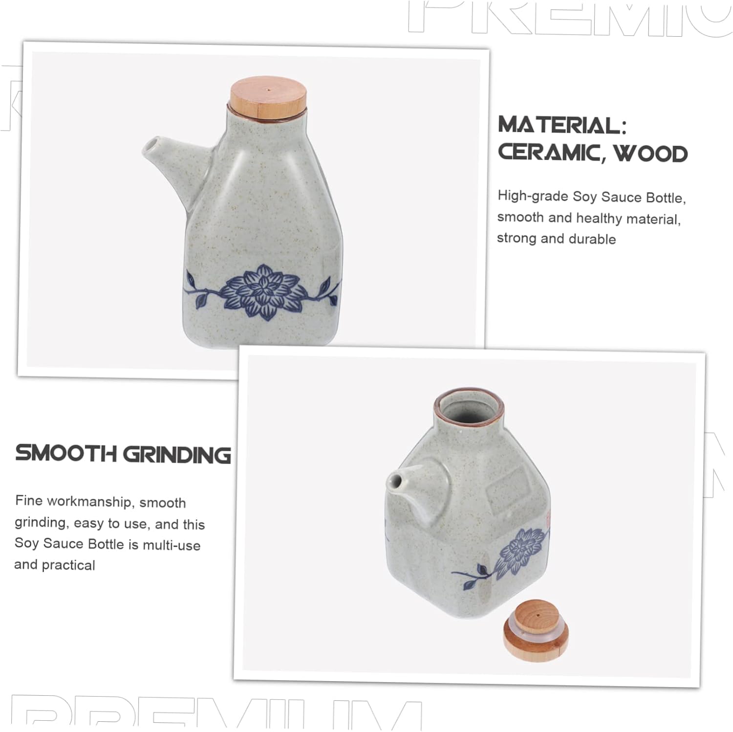 Double Pack Ceramic Soy Sauce Vinegar Dispenser with Wooden Base
