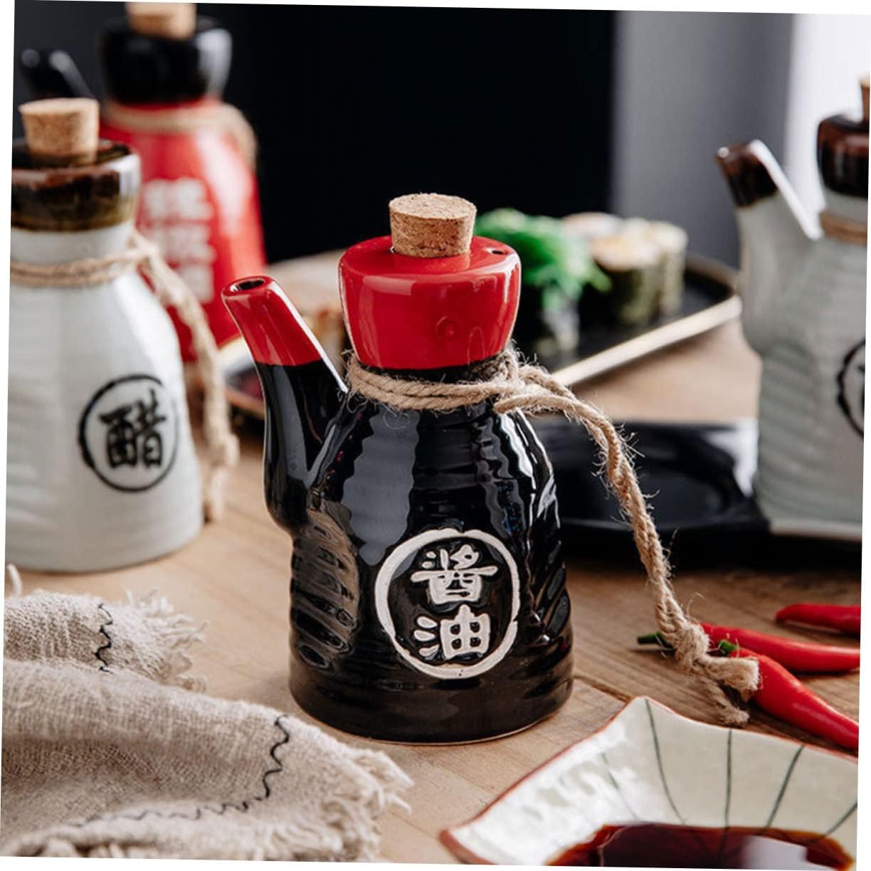 Japanese Soy Sauce Dispenser - Ceramic Condiment Bottle with Cork