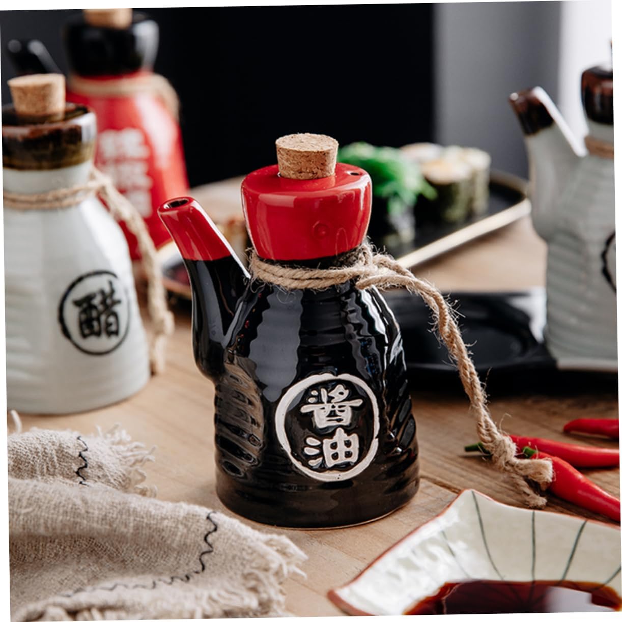 Japanese Sauce Dispenser Set with Ceramic CasesPerfect for Home and Kitchen Use