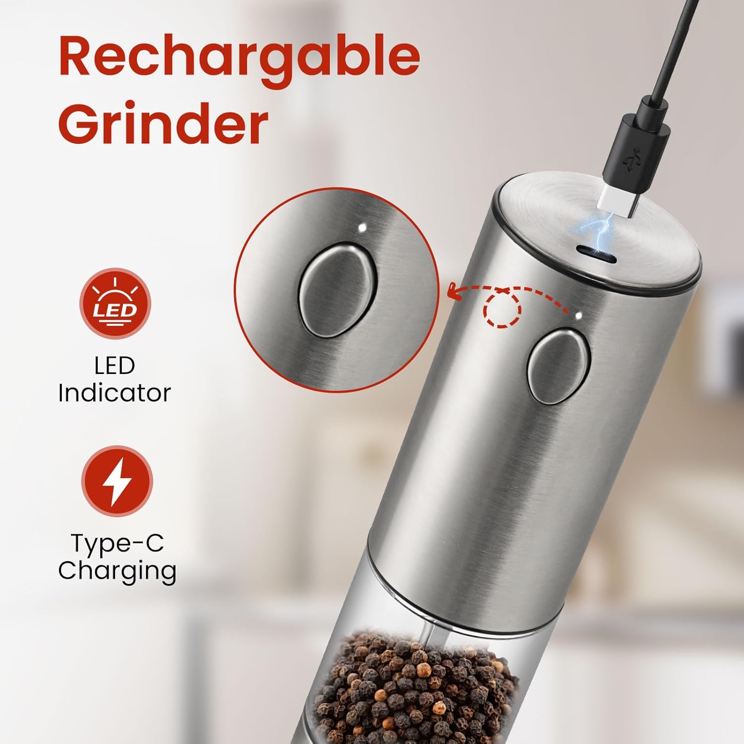 Newise Cruth Salt and Pepper Grinder - Rechargeable with LED Stainless Steel