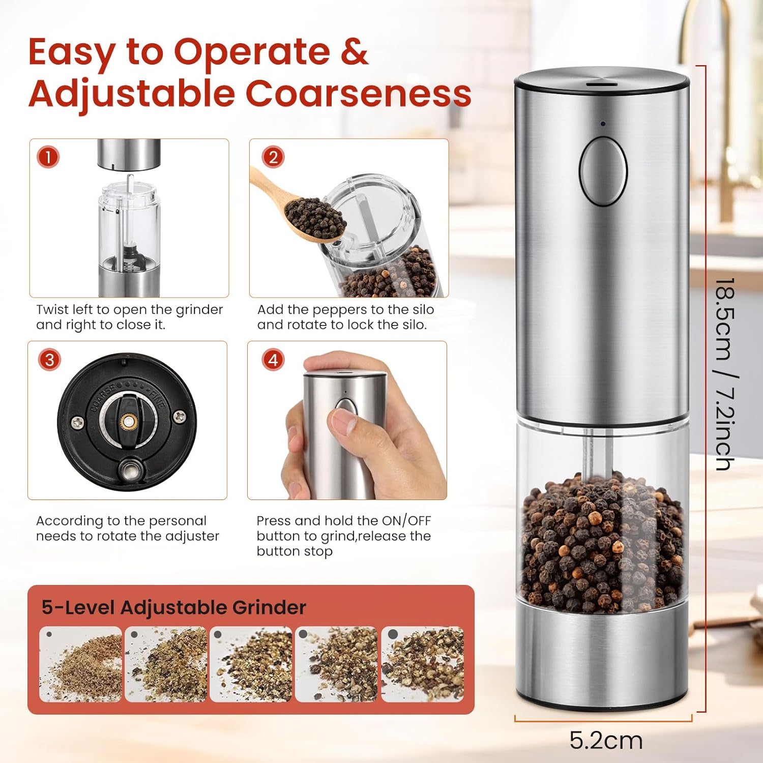Newise Cruth Salt and Pepper Grinder - Rechargeable with LED Stainless Steel