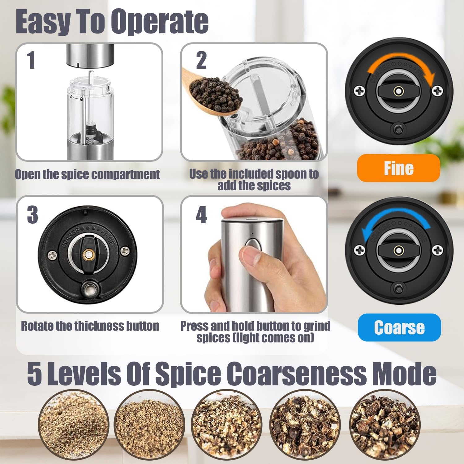 Rechargeable Stainless Steel Electric Salt and Pepper Grinder Set with LEDlight