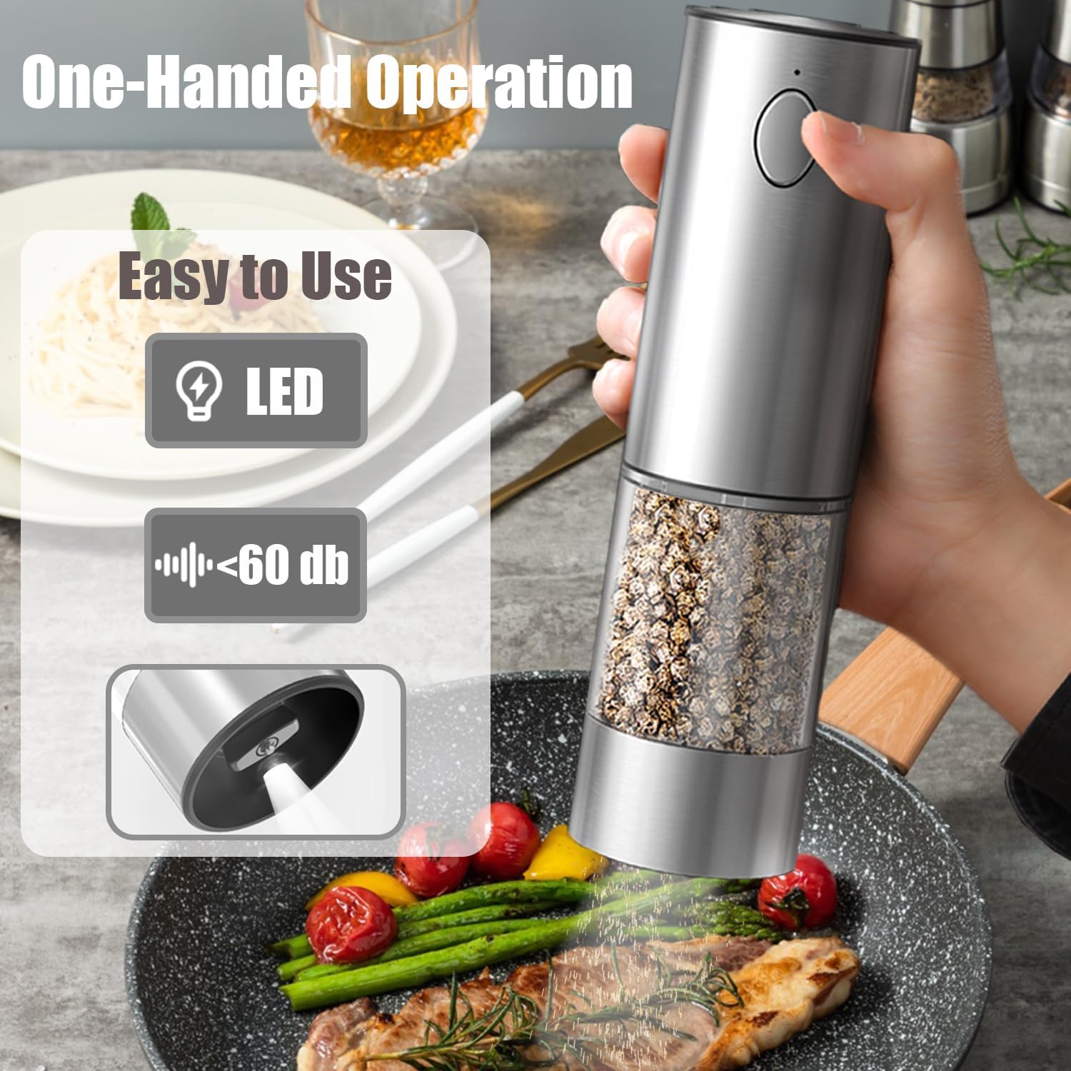 Rechargeable Stainless Steel Electric Salt and Pepper Grinder Set with LEDlight