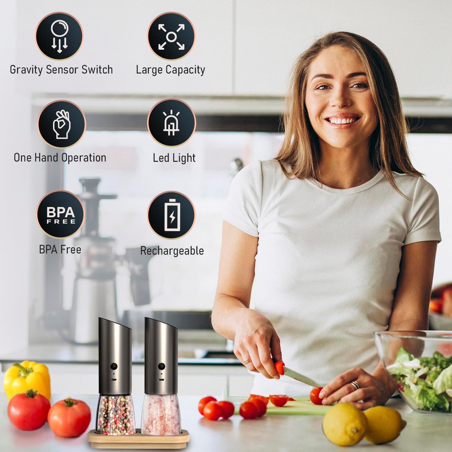 HotFrost Electric Salt and Pepper Grinder Set with Adjustable Coarseness