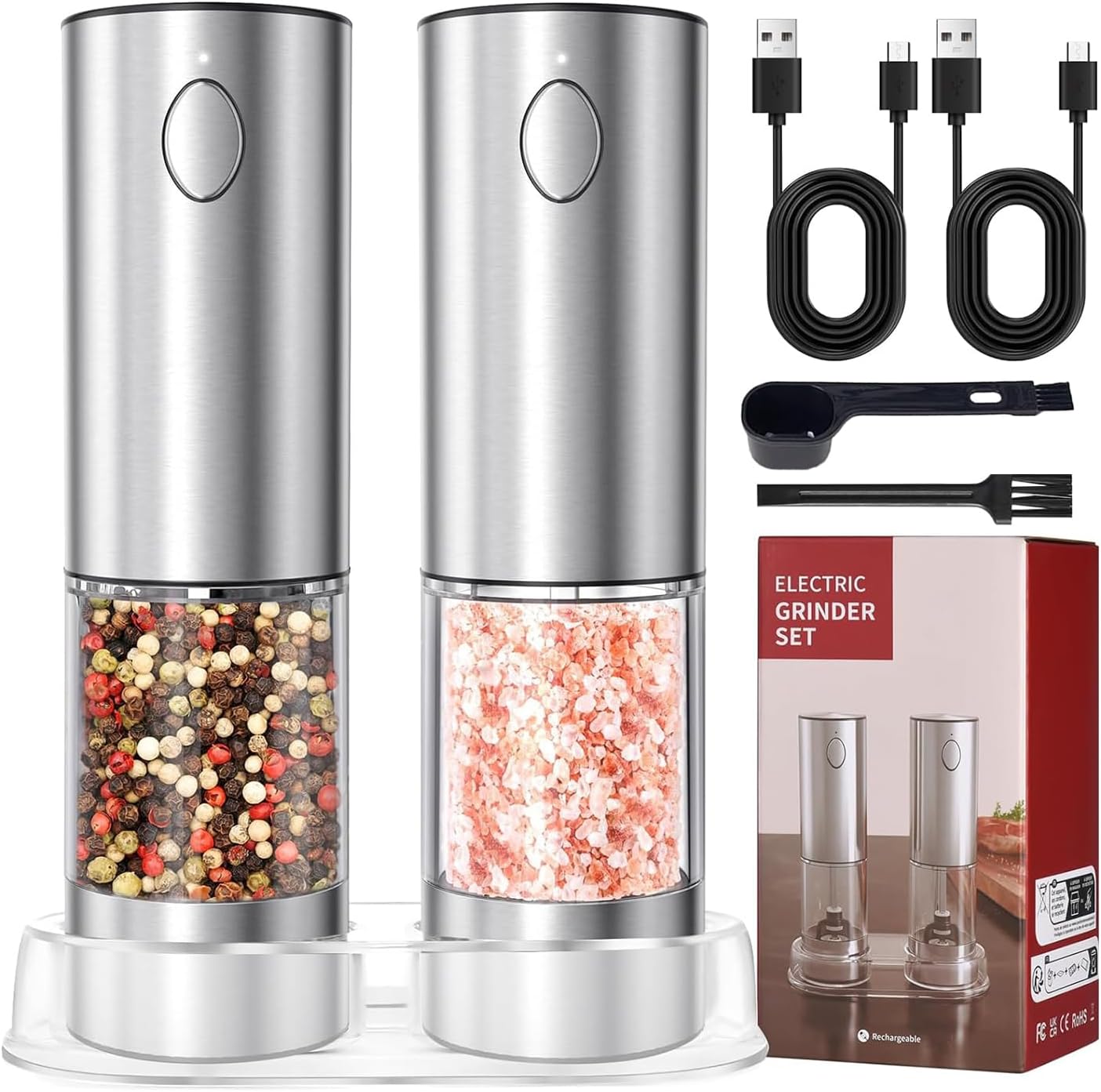 Rechargeable Stainless Steel Electric Salt and Pepper Grinder Set with LEDlight