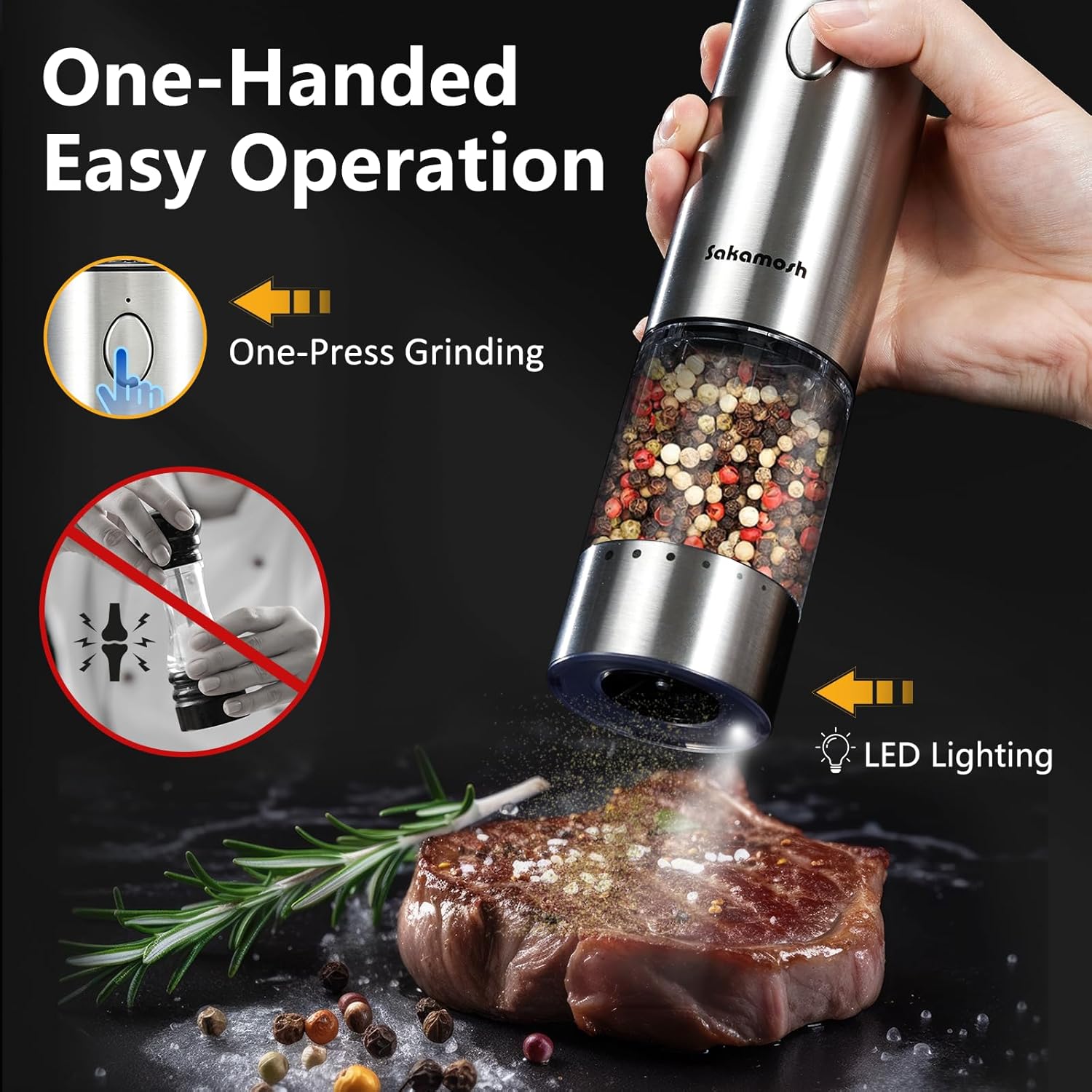 Stylish Electric Salt and Pepper Grinder Set with LED Light - 2-Pack