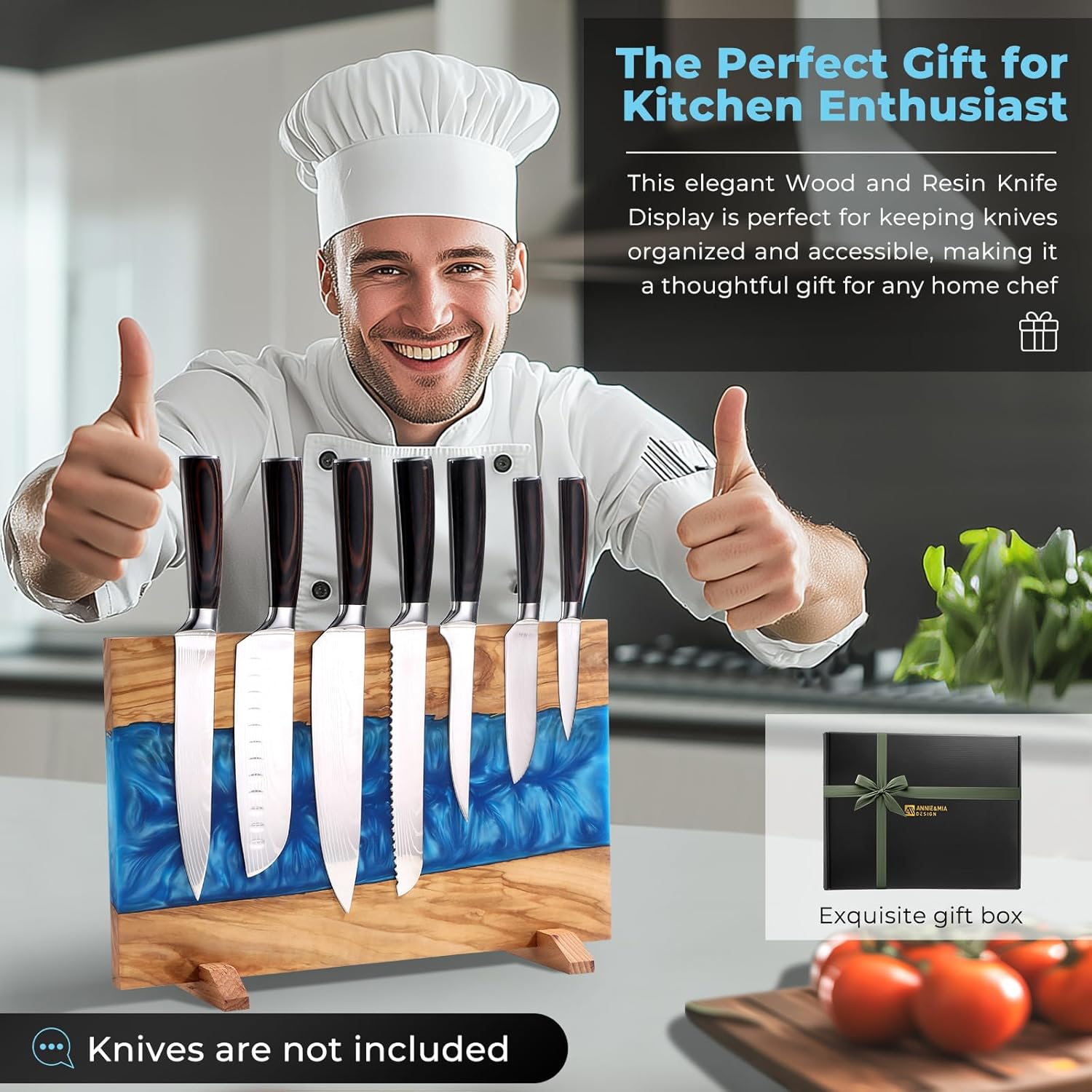 Stylish Olive Wood Blue Resin Magnetic Knife Holder