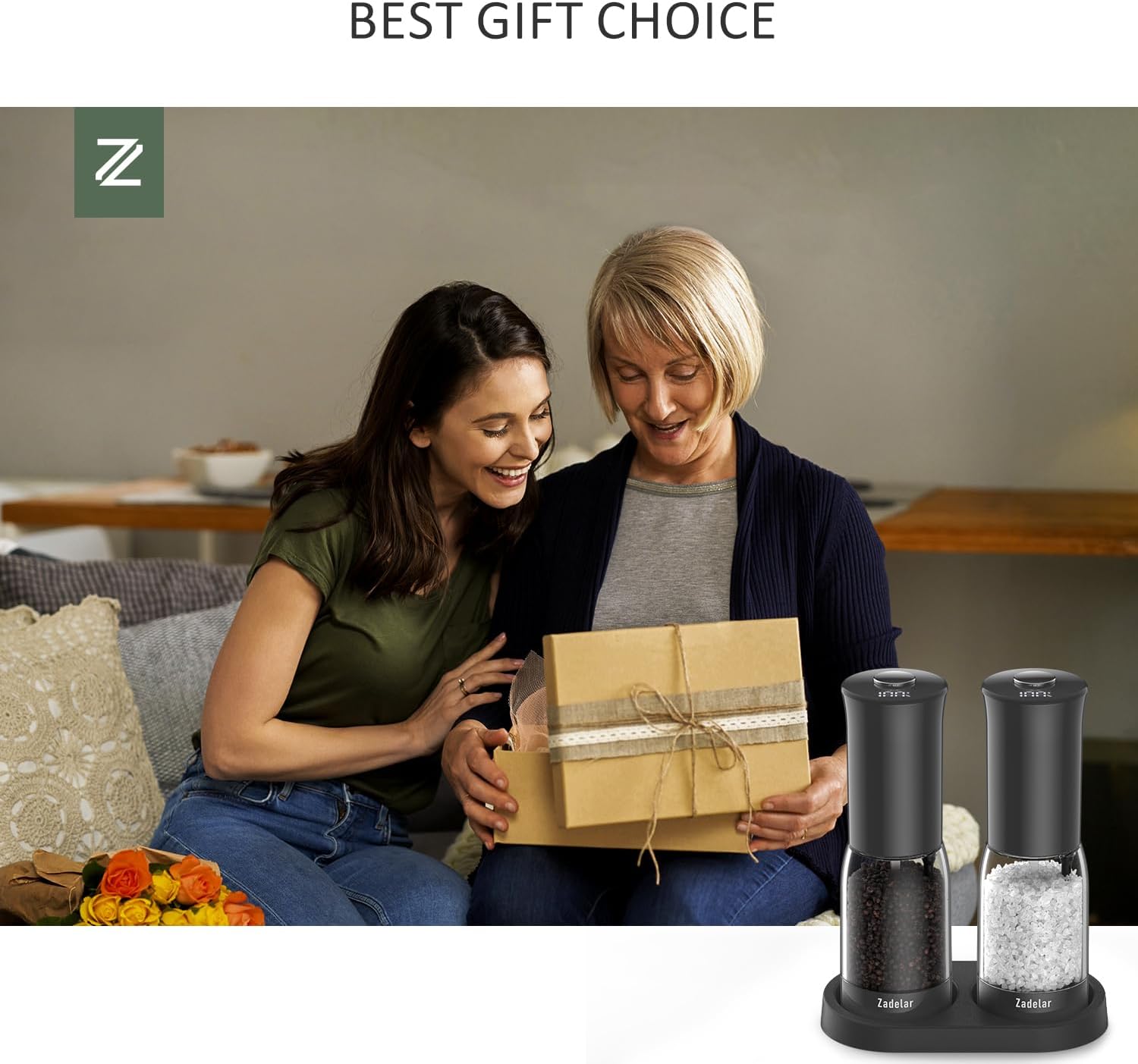 Zadelar Electric Salt and Pepper Grinder Set with LED Power Display