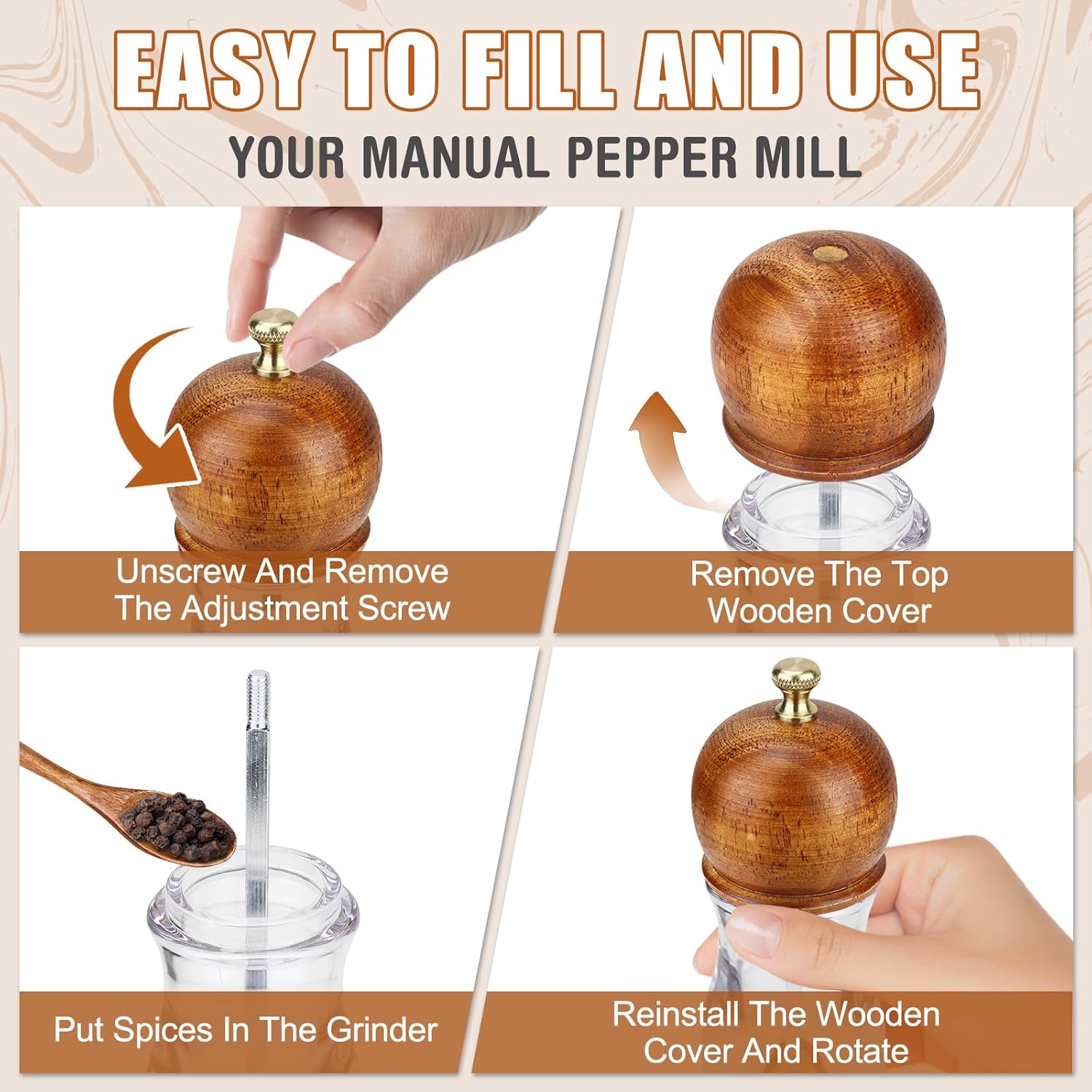 BOCHION Salt and Pepper Grinder Set of 2 Wooden Mill