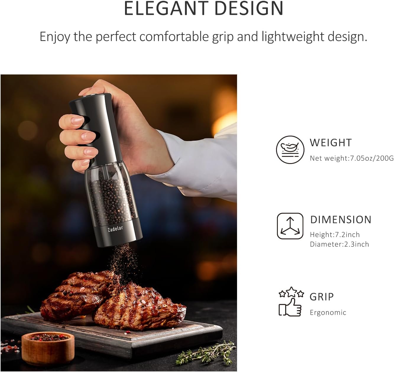 Zadelar Electric Salt and Pepper Grinder Set with LED Power Display