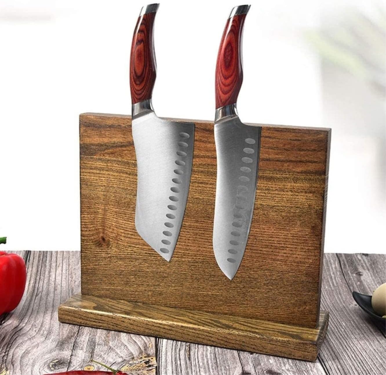 Double-Sided Magnetic Kitchen Knife Holder with Wood Block