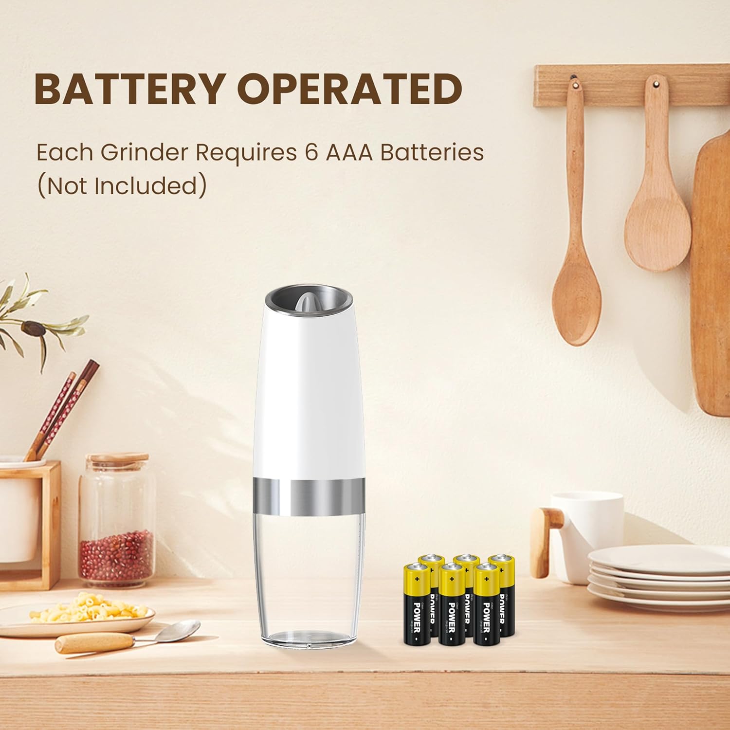 Kiaryuoll Automatic Electric Salt and Pepper Grinder Set 6 AAA Batteries Included White