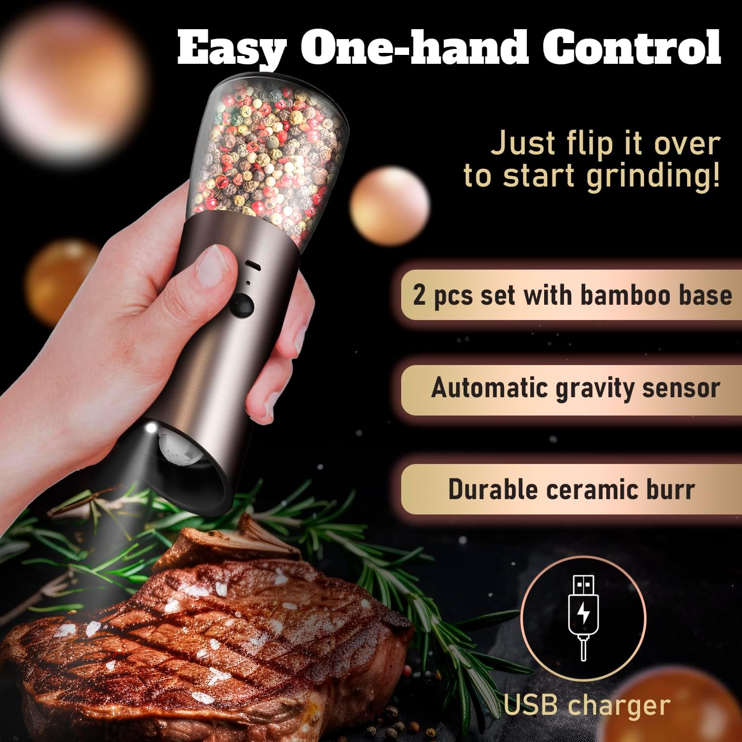 HotFrost Electric Salt and Pepper Grinder Set with Adjustable Coarseness