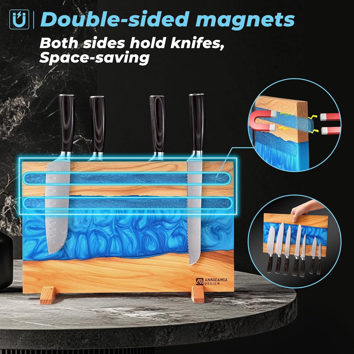 Stylish Olive Wood Blue Resin Magnetic Knife Holder