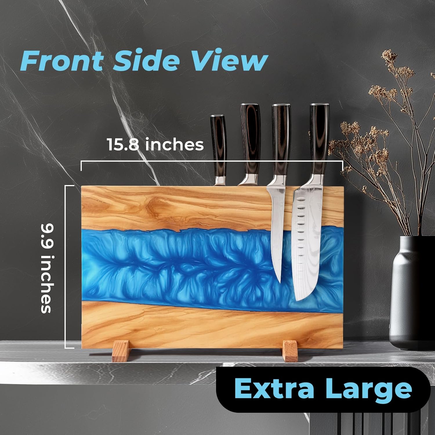 Stylish Olive Wood Blue Resin Magnetic Knife Holder