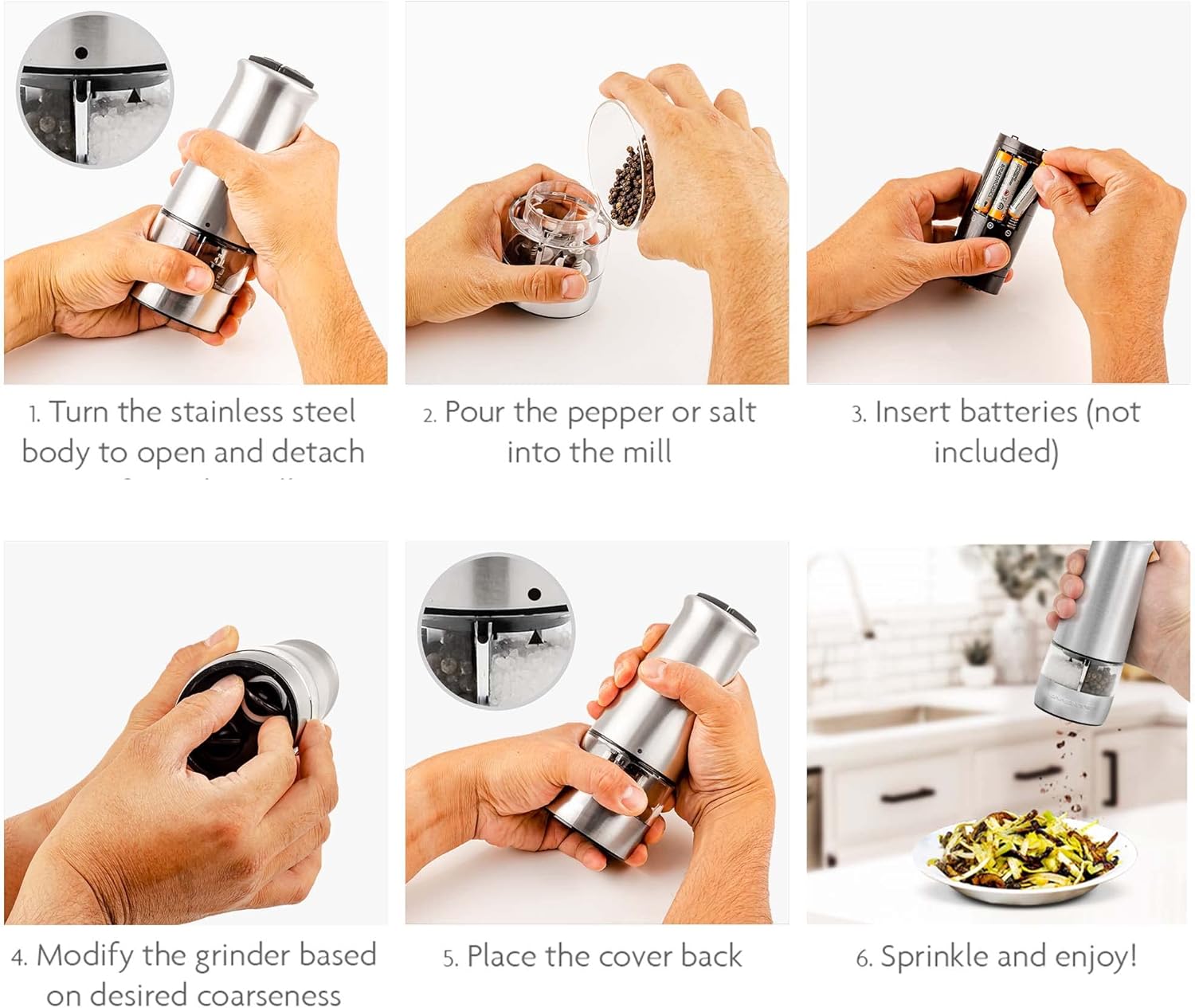 OVENTE 2-in-1 Stainless Steel Sea Salt and Pepper Grinder
