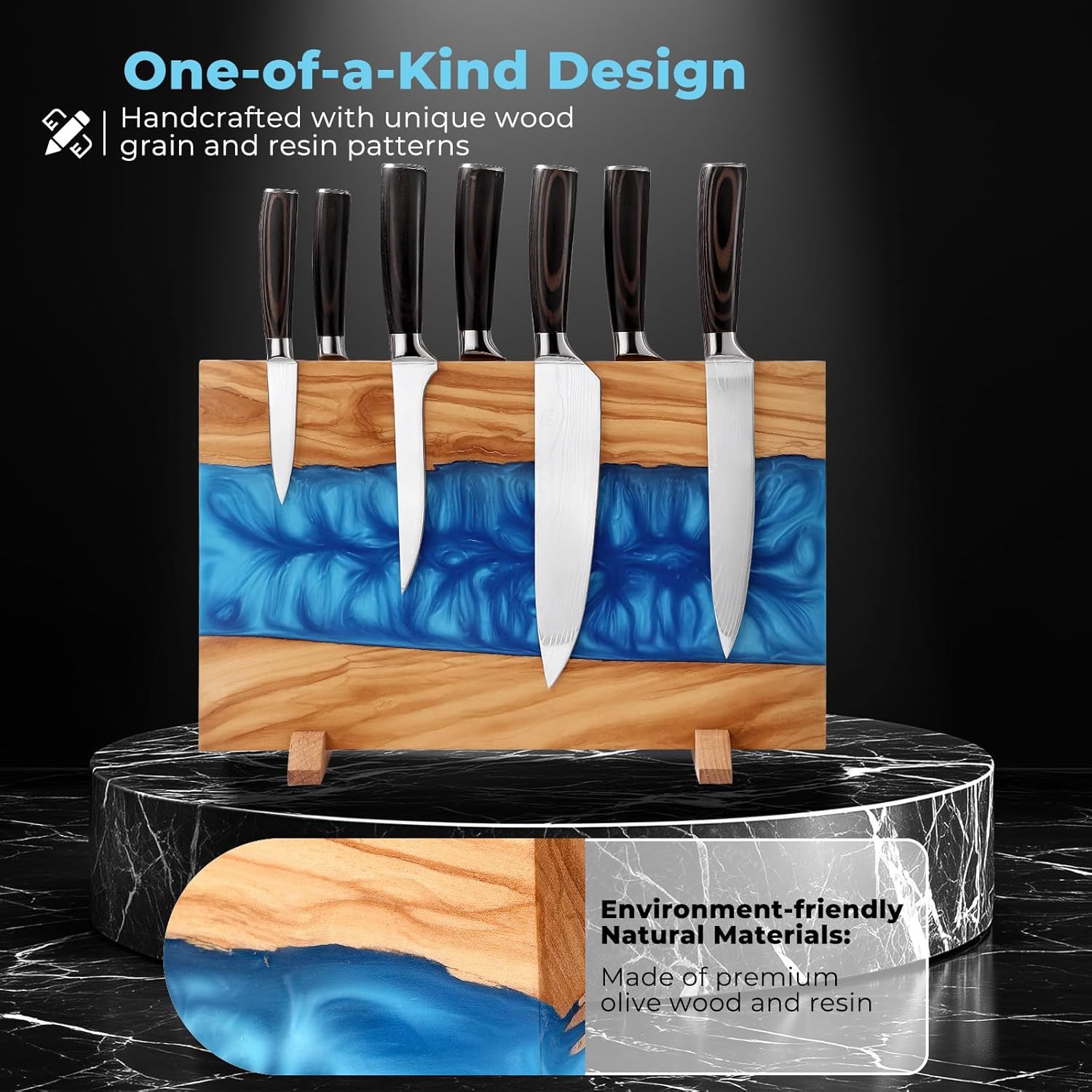 Stylish Olive Wood Blue Resin Magnetic Knife Holder