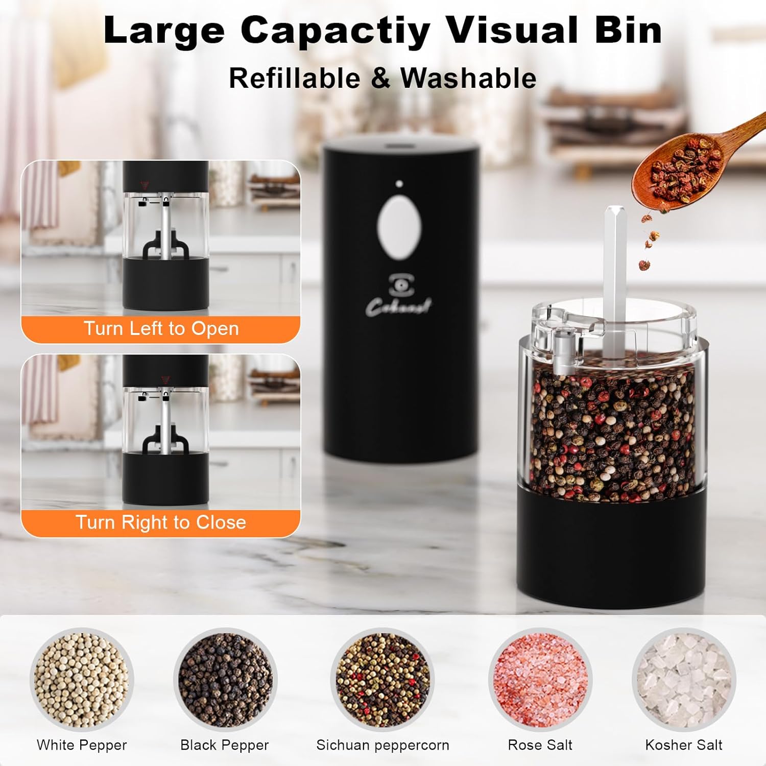 COKUNST Electric Pepper Salt grinder Set Rechargeable 2-in-1