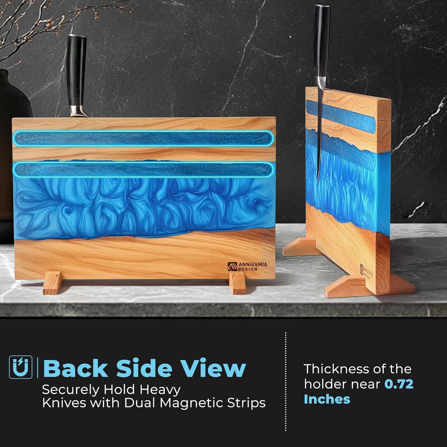 Stylish Olive Wood Blue Resin Magnetic Knife Holder