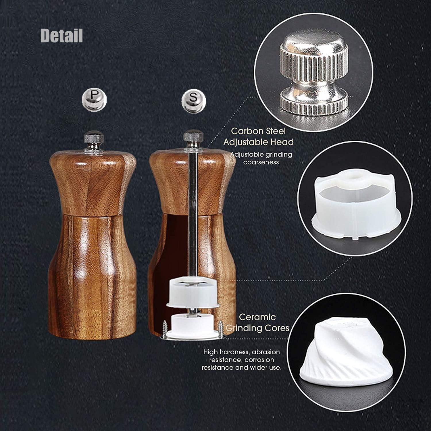 Acacia Wood Salt Pepper Mill Set with Ceramic Rotor Wooden Stand