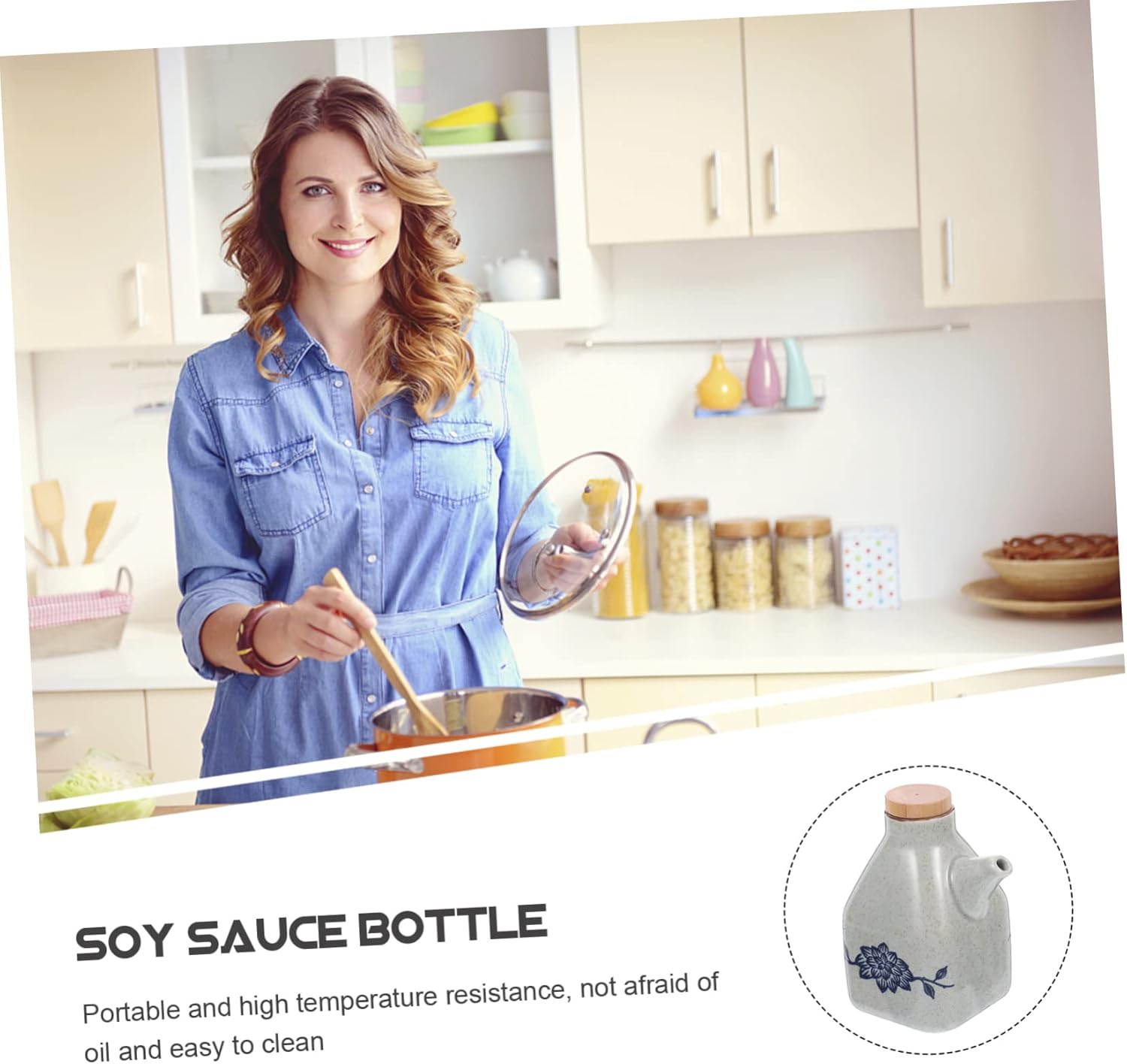 Double Pack Ceramic Soy Sauce Vinegar Dispenser with Wooden Base