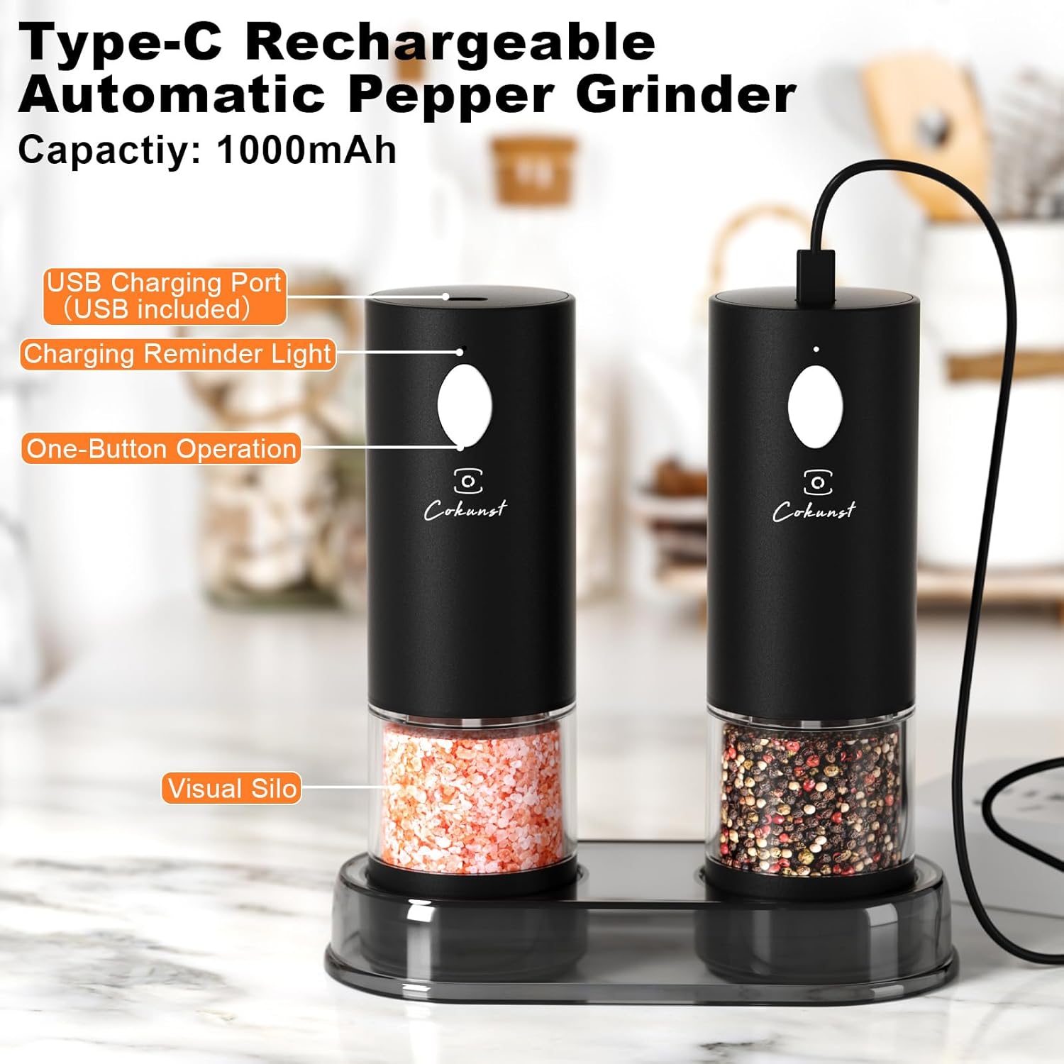 COKUNST Electric Pepper Salt grinder Set Rechargeable 2-in-1