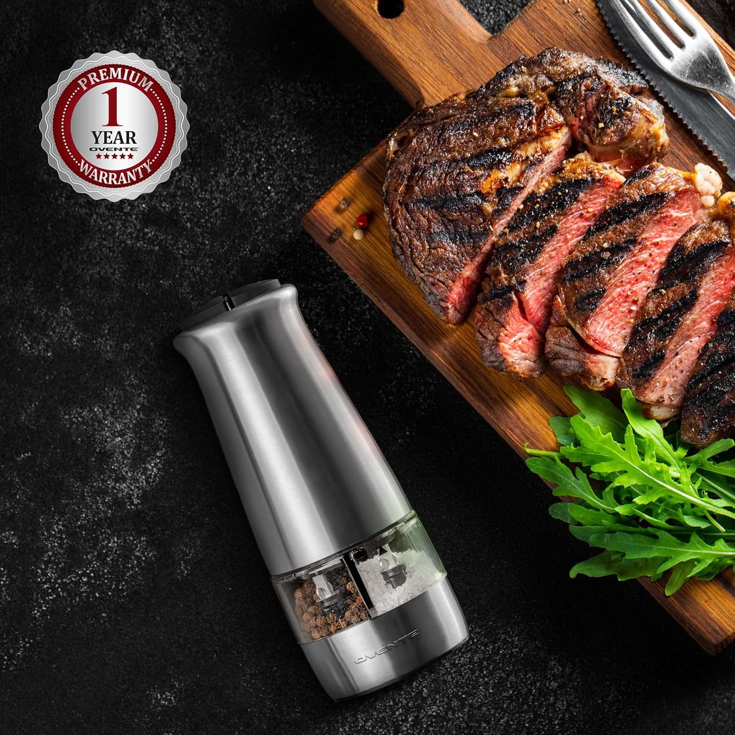 OVENTE 2-in-1 Stainless Steel Sea Salt and Pepper Grinder