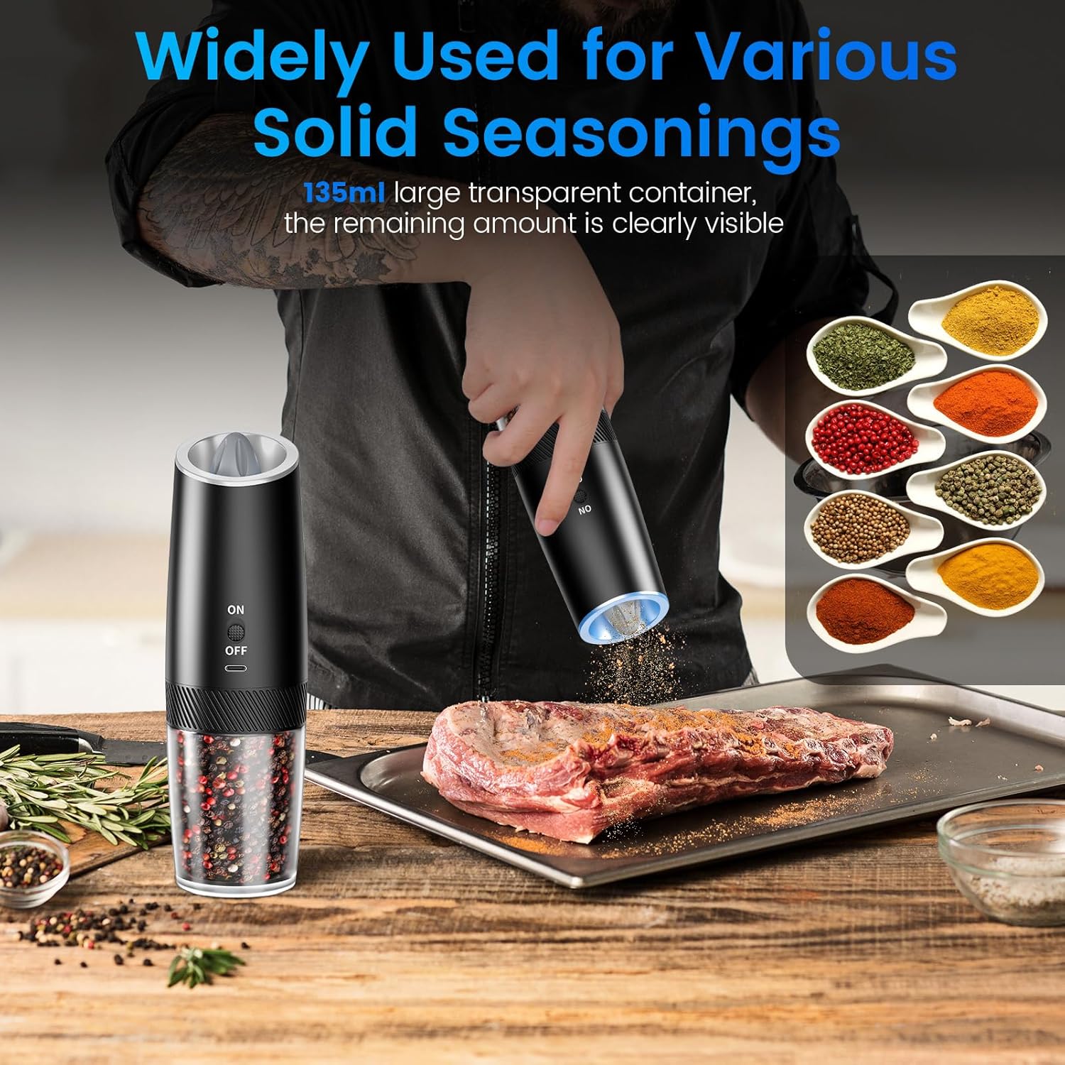 Compact Electric Salt Pepper Grinder Set with LED Light Fast Charging