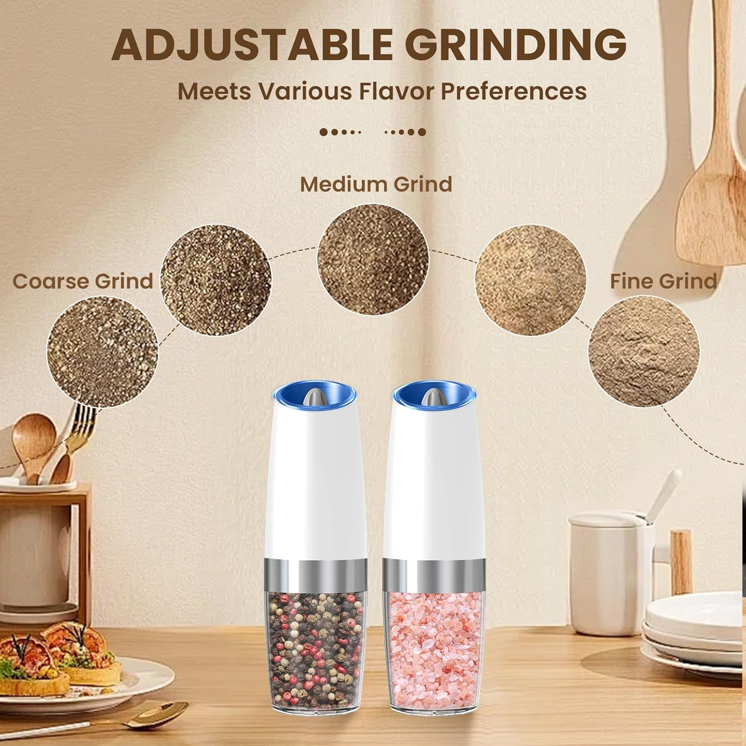 Kiaryuoll Automatic Electric Salt and Pepper Grinder Set 6 AAA Batteries Included White