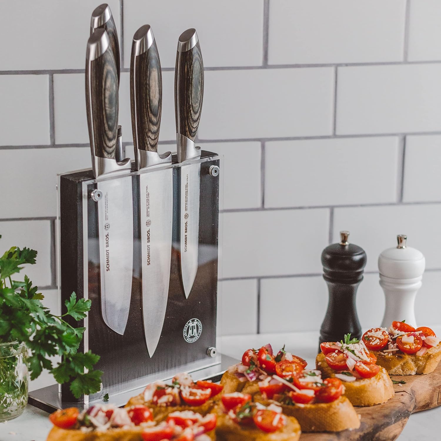 Schmidt Brothers Midtown Magnetic Knife Block 8-10 Knives Acacia Acrylic Shield