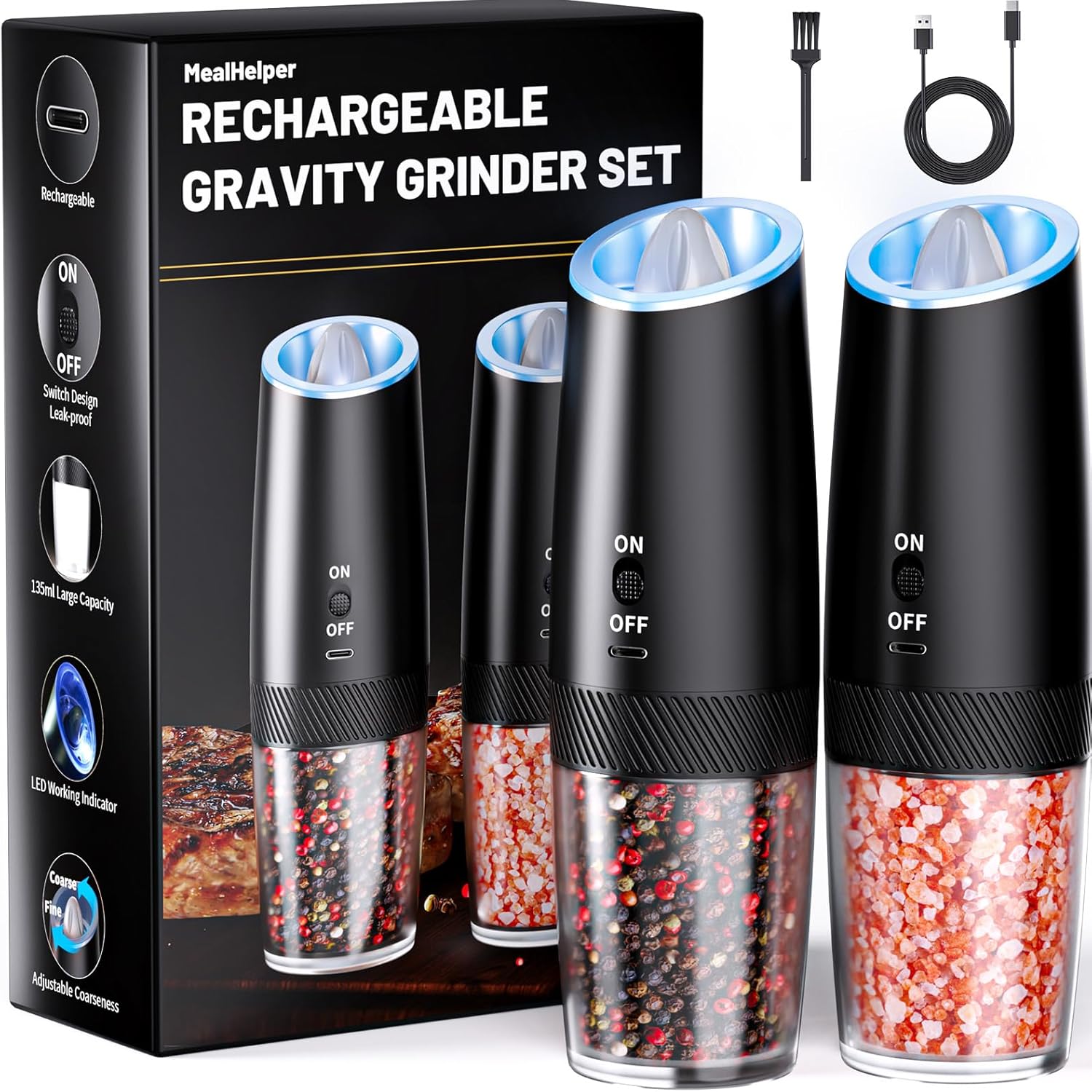 Compact Electric Salt Pepper Grinder Set with LED Light Fast Charging