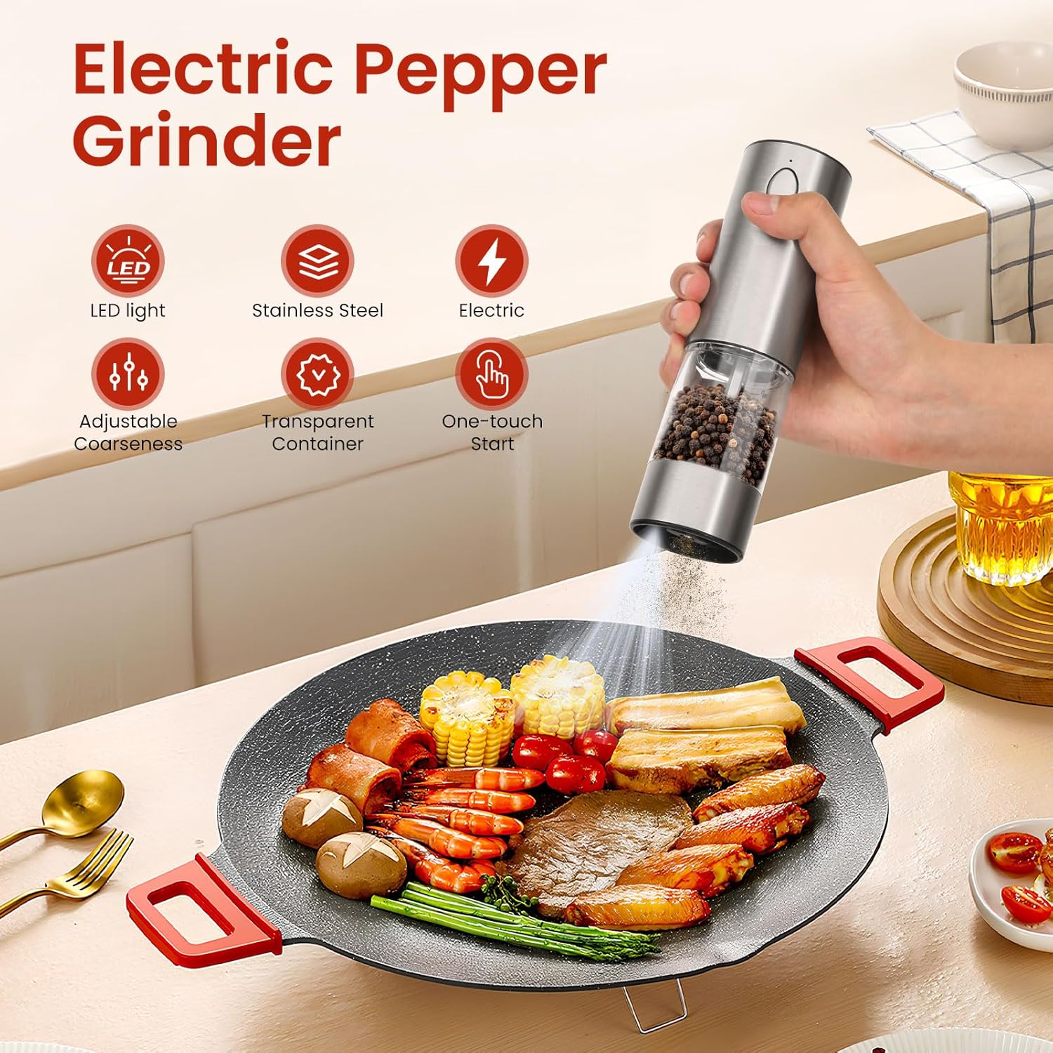 Newise Cruth Salt and Pepper Grinder - Rechargeable with LED Stainless Steel