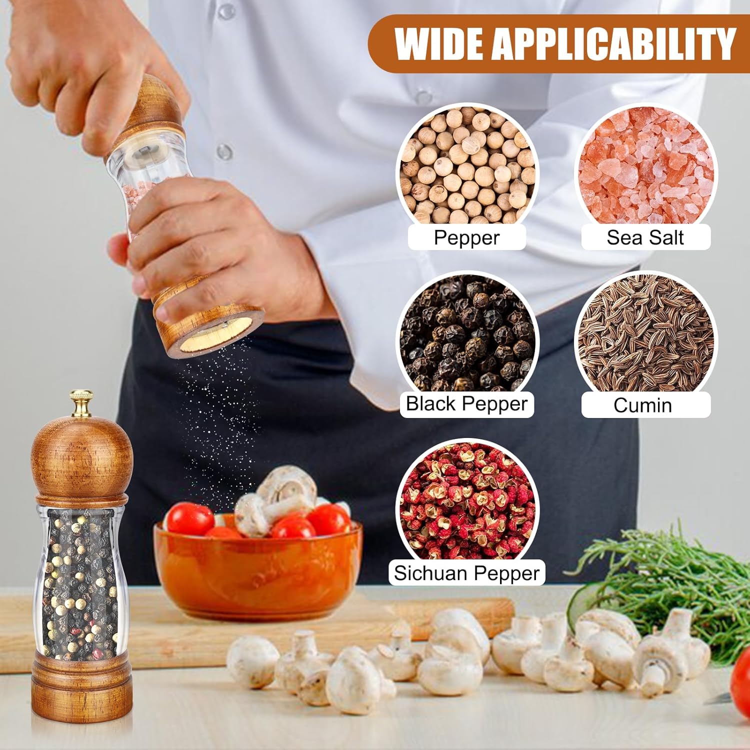 BOCHION Salt and Pepper Grinder Set of 2 Wooden Mill
