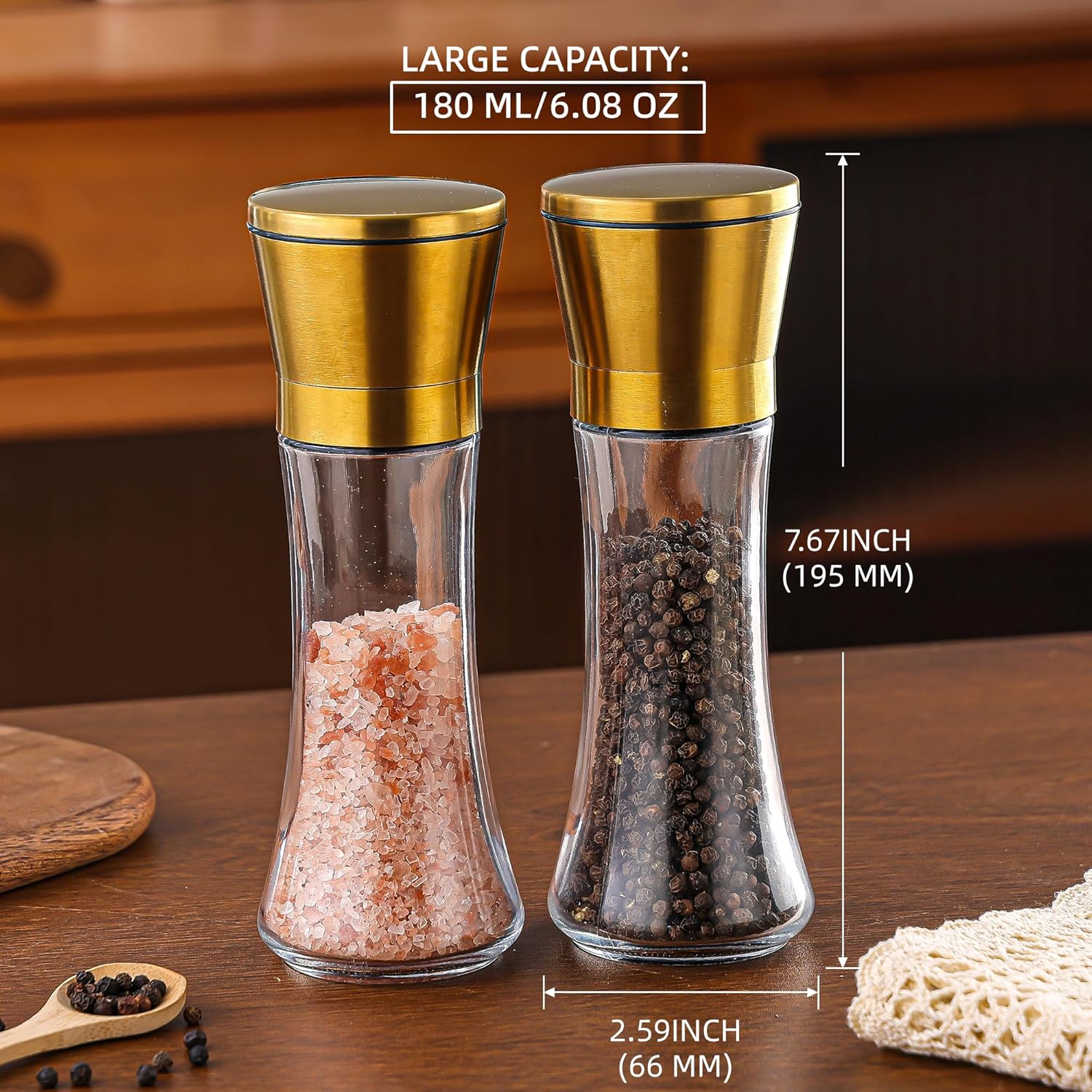 DAVIMADE 2Pack 6OZ Glass Salt and Pepper Grinder Set