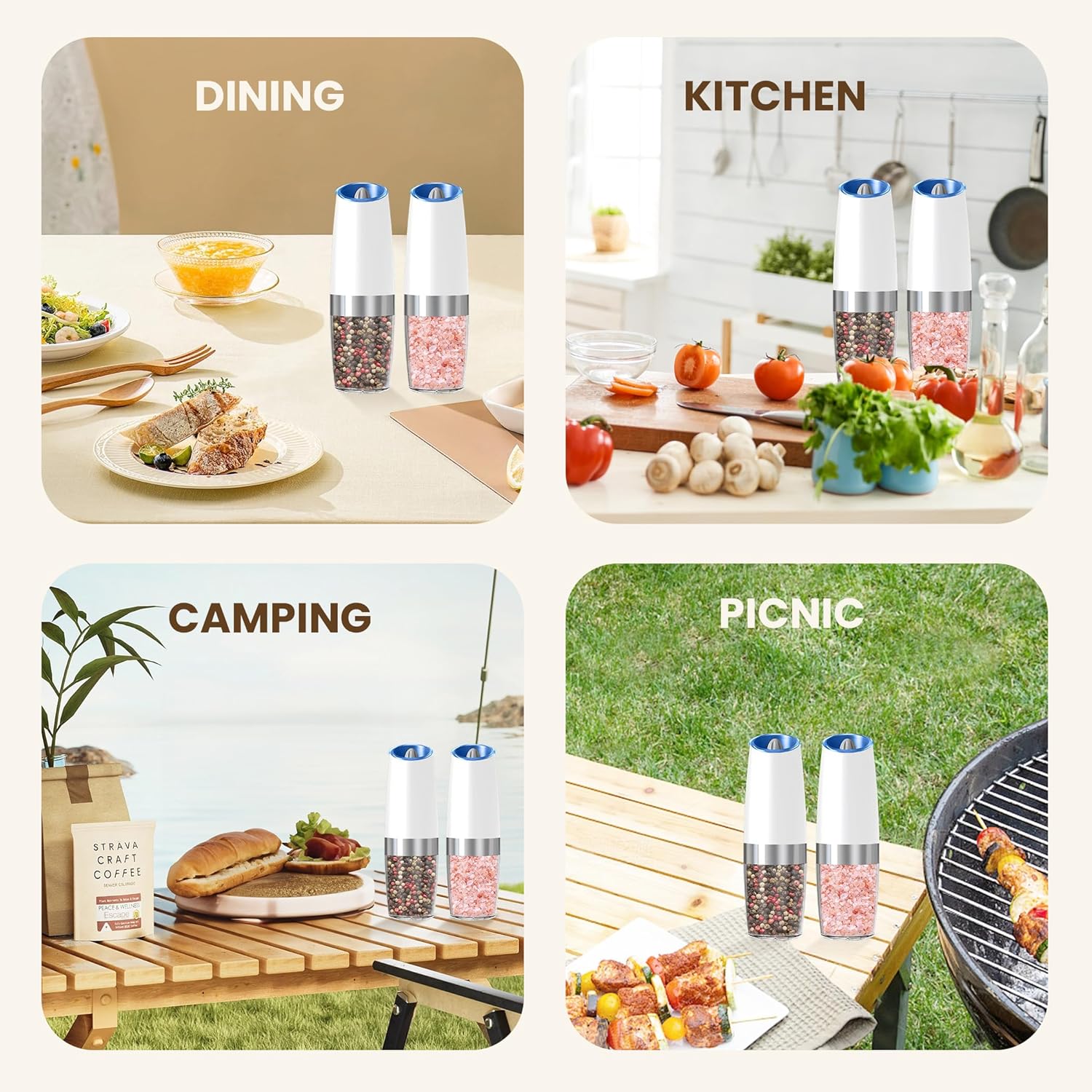 Kiaryuoll Automatic Electric Salt and Pepper Grinder Set 6 AAA Batteries Included White