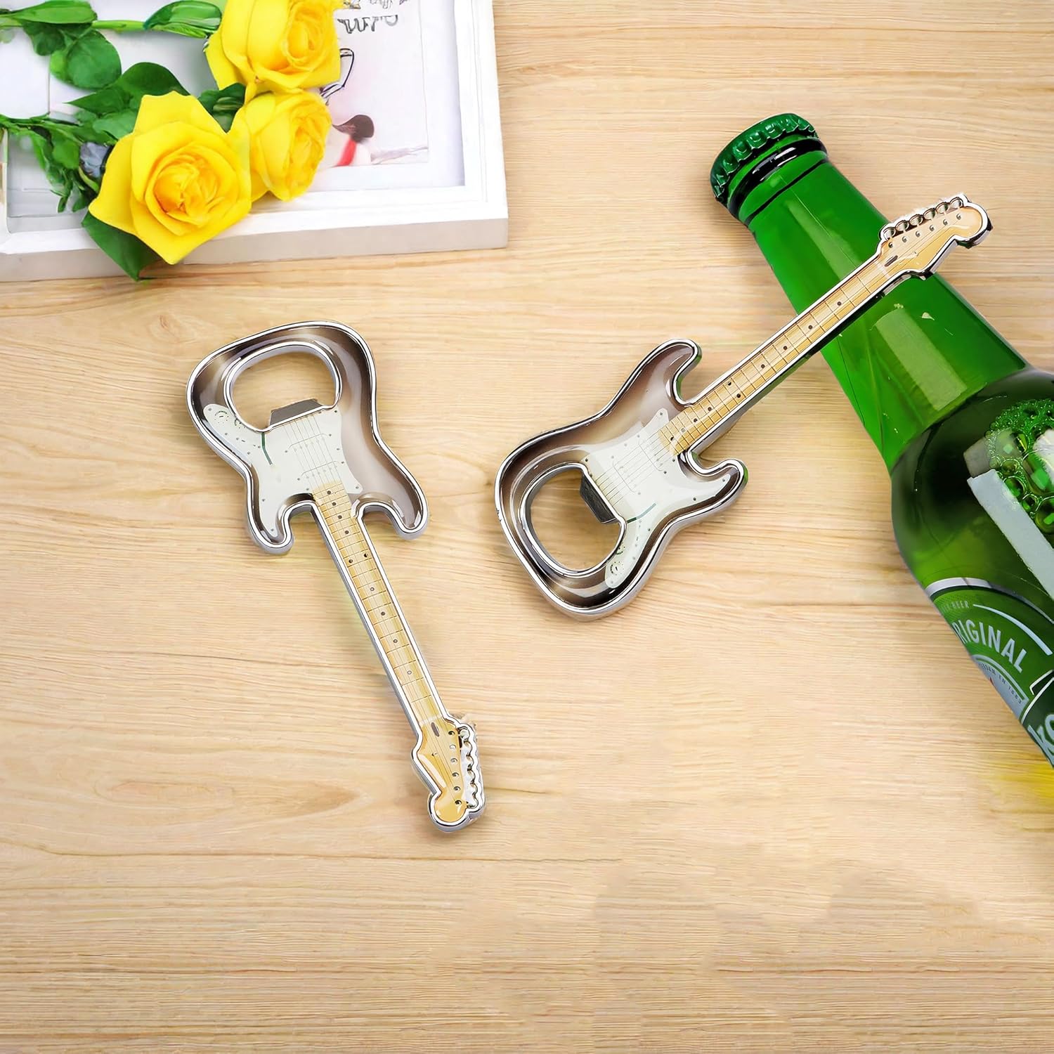2-Piece Set Guitar Shaped Bottle Opener Music-Inspired Home and Kitchen Gift